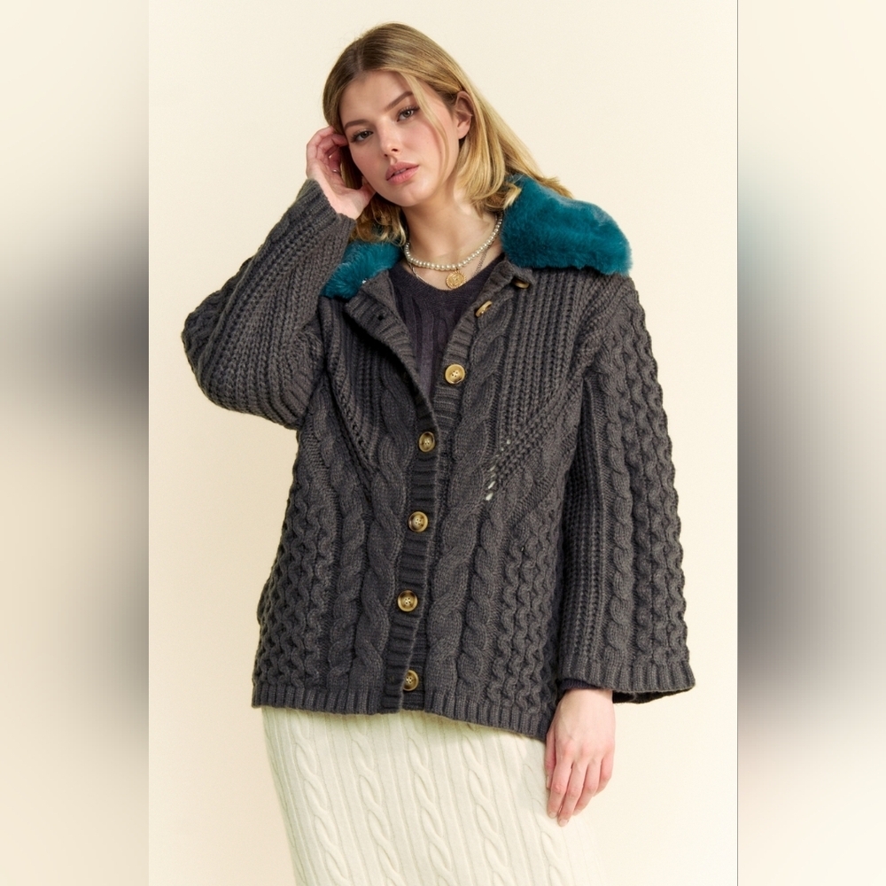 Davi & Dani Preppy Charcoal Cable Knit Cardigan with Teal Fur Collar